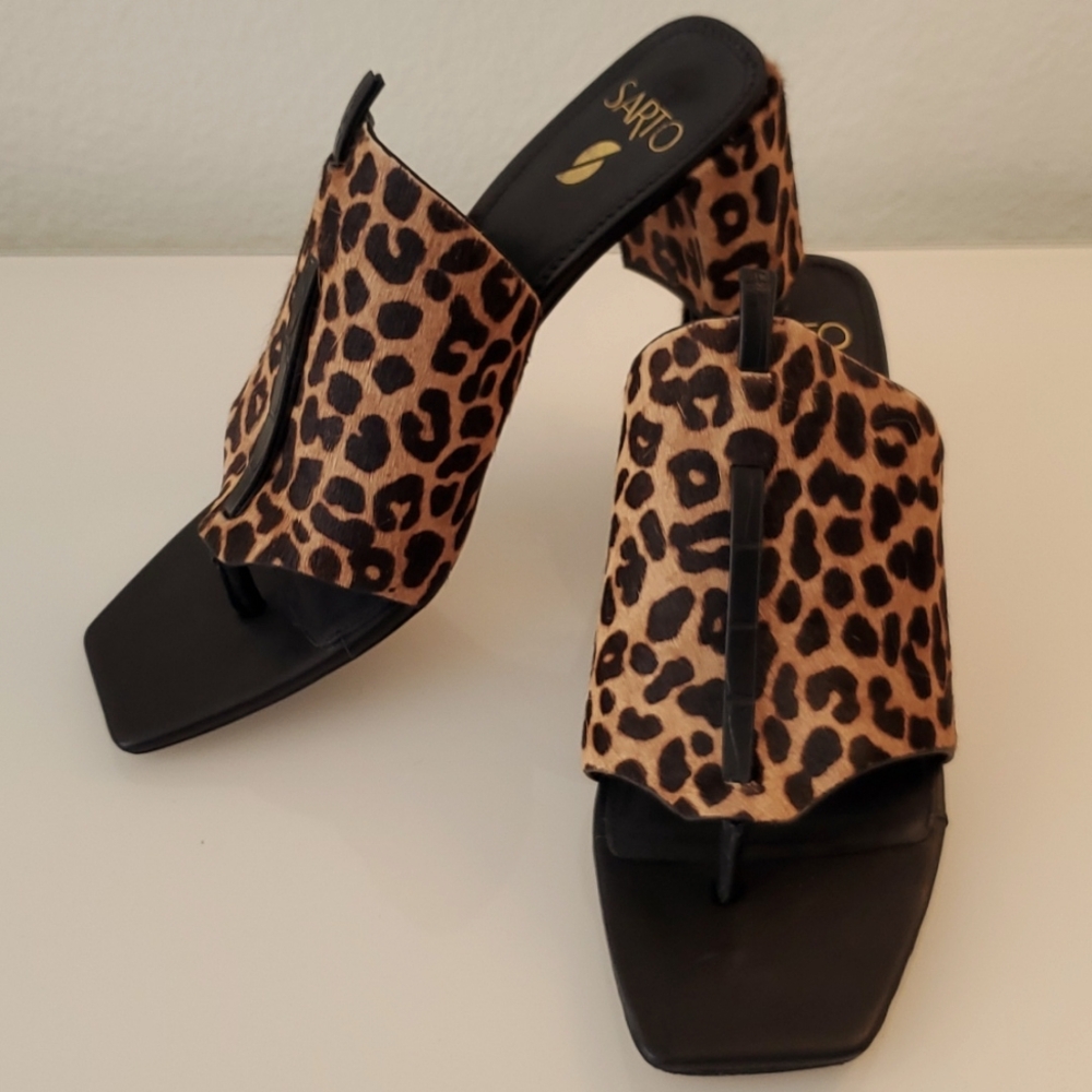 Franco Sarto "Nina" leopard dyed calf hair heeled sandals size 9
